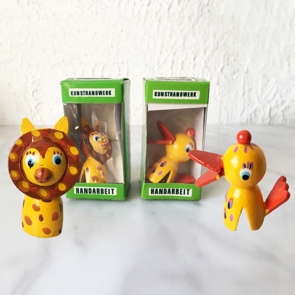 Vintage German Handmade Wooden Lion & Bird Miniatures Hand Painted Boxed Set